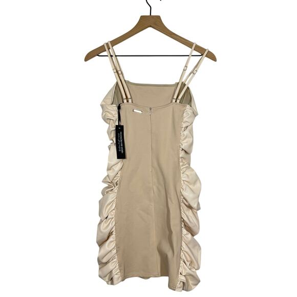 NEW Maniere de Voir Mini Dress Women's Size 8 Tan Faux Leather Ruched Side Party - Picture 3 of 10